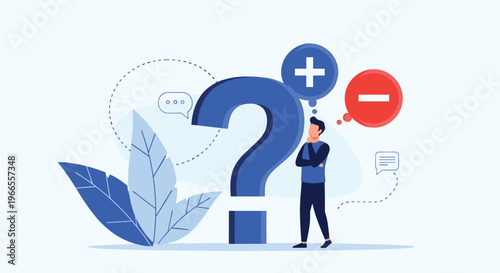 Decision making and problem solving concept featuring a person standing next to a large question mark with plus and minus thought icons.
