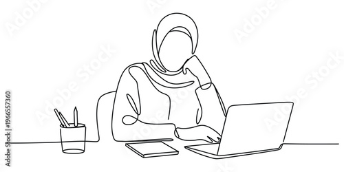 Minimalist one line art of a woman wearing a headscarf studying with a laptop and notebook.