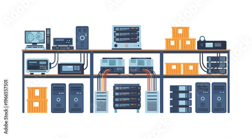 Detailed data center or server room interior illustration featuring racks of computers, servers, and professional network equipment.