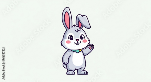 Cute gray cartoon rabbit waving with pink ears and rosy cheeks on a light green background