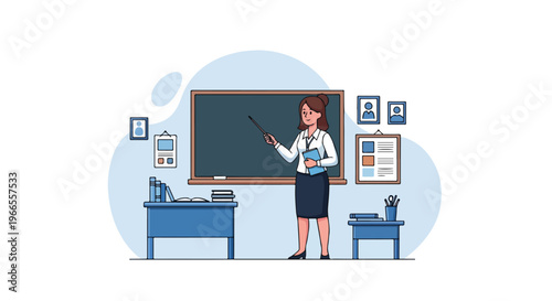 Teacher Teaching in Classroom School Academy Pointing at Blackboard with Wooden Stick Vector Illustration