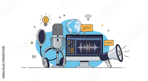 Podcast and audio production equipment concept featuring a computer with a waveform, microphone, headphones, and a large megaphone.