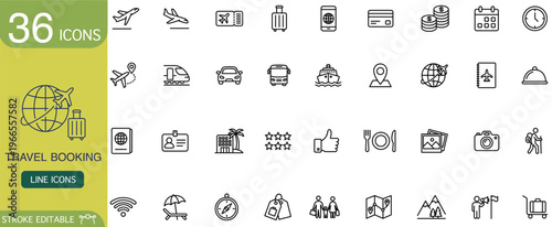 Travel booking icon set line outline airplane luggage passport hotel, minimal stroke graphic collection for tourism service interface, suitable for mobile app and web page layout