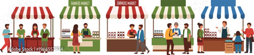 Farmers Market Vector Illustration Set with People Shopping at Organic Food Stalls Featuring Vendors Selling Fresh Local Produce and Gourmet Products in Outdoor Booths