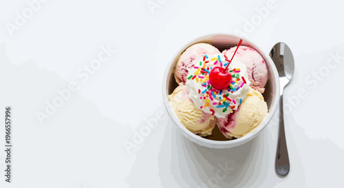Delicious ice cream sundae with scoops of pink and yellow ice cream topped with whipped cream colorful sprinkles and a cherry