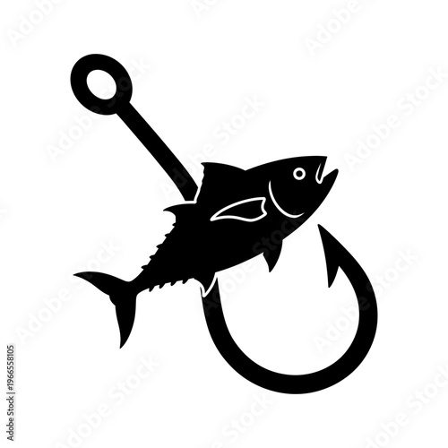 Silhouette of a fish caught by a fishing hook on white