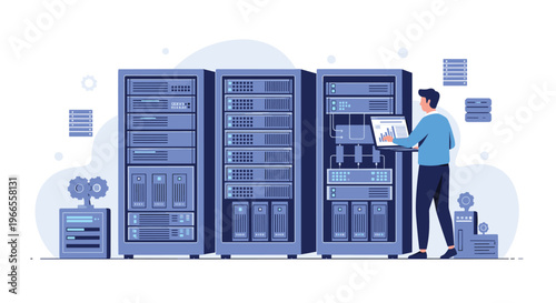 IT specialist manages data infrastructure using a laptop while standing in a modern high-tech server room facility.