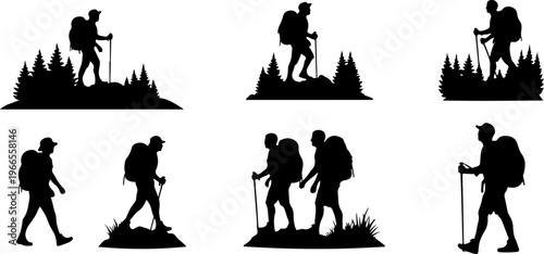Set of Hikers in Various Positions Silhouettes