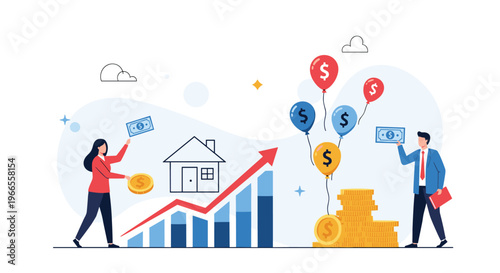 Financial experts celebrate real estate investment growth with rising bar charts and house symbols for property wealth.