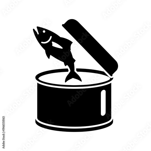Canned fish with an open lid, ready to eat and icon style