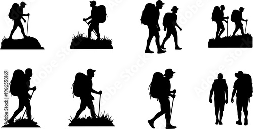 Set of Hikers in Various Positions Silhouettes