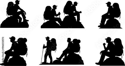 Black Silhouette Set of a Hiker with a Backpack Sitting on a Rock, Taking a Rest During a Trekking Journey, Showing Adventure, Travel, and Exhaustion .