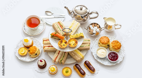 Afternoon Tea Spread with Sandwiches Scones Pastries and Tea