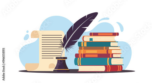 Traditional writing tools including a quill pen in an inkwell sit beside a stack of old books and an open scroll.