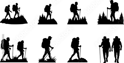 Set of Hikers in Various Positions Silhouettes