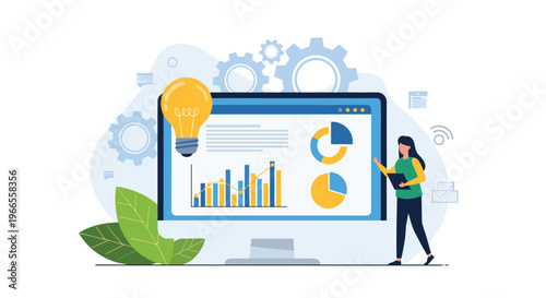 Data analyst presents business insights on a large computer screen with gears and a lightbulb symbolizing creative solutions.