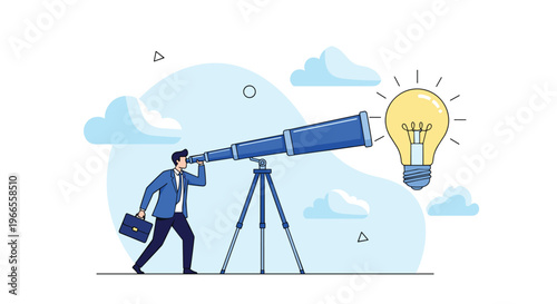 Visionary businessman looks through a long telescope at a bright lightbulb to find innovative solutions and future ideas.
