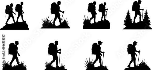 Set of Hikers in Various Positions Silhouettes
