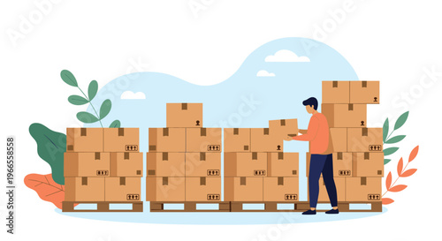 Warehouse worker efficiently moves and stacks cardboard boxes on wooden pallets for logistics and shipping distribution.