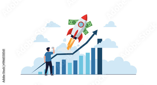 Financial rocket ship powered by currency flies upward along a rising bar chart to represent rapid business success.