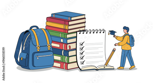 Dedicated student stands next to a tall stack of books and a checklist to prepare for graduation and academic success.