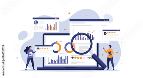 Marketing team uses magnifying glasses to review data charts and customer feedback ratings on a large laptop screen.