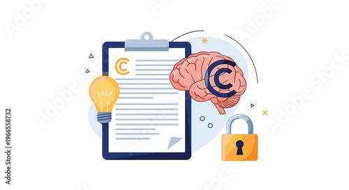Intellectual property protection concept features a brain with a copyright symbol next to a document and secure padlock.