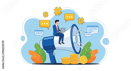Digital marketer sits on a giant megaphone using a laptop to broadcast messages and drive business engagement online.