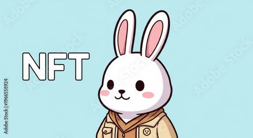 Cute cartoon rabbit in brown jacket with nft text on light blue background symbolizing digital art and collectibles