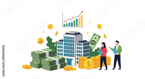 Real estate investors stand by a modern office building surrounded by stacks of cash and coins for property wealth.
