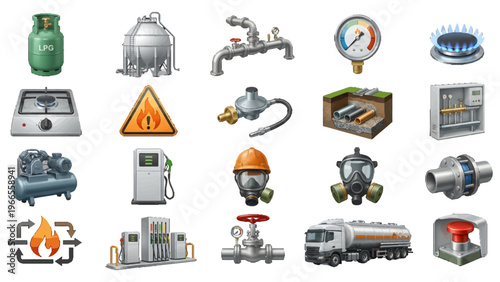 Industrial natural gas and LPG fuel equipment set, 20 realistic vector icons for energy industry, gas supply infrastructure and safety elements
