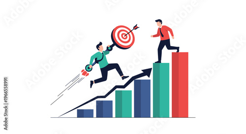 Business competition features two professionals racing up a bar graph towards a target to represent career success.