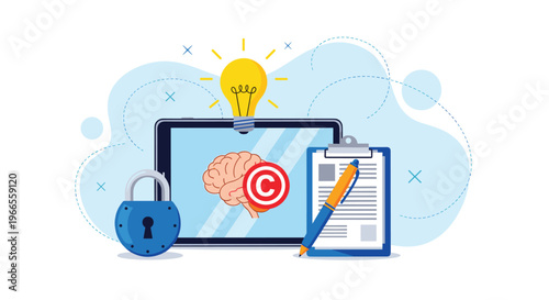 Intellectual property rights concept shows a brain with a copyright symbol on a tablet next to a clipboard and pen.