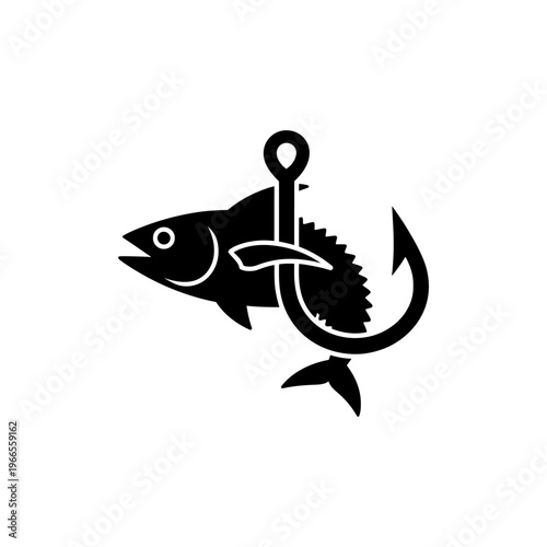 Black fish caught on a hook logo depicting fishing