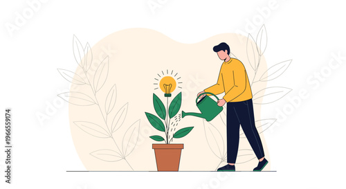 Creative thinker waters a growing plant that has a bright lightbulb at the top to represent nurturing a new idea.