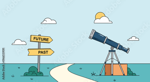 Choice between past and future experiences is depicted with signposts leading toward a telescope under a sunny sky.