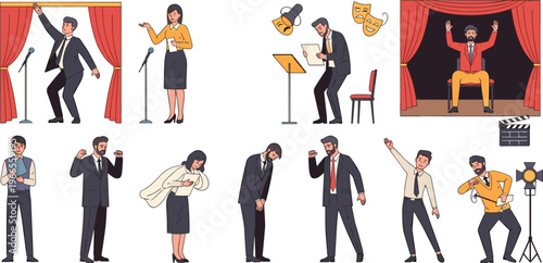 Professional Theater Actors and Stage Performance Vector Set Featuring Male and Female Artists Acting Bowing Rehearsing and Using Props for Entertainment Designs