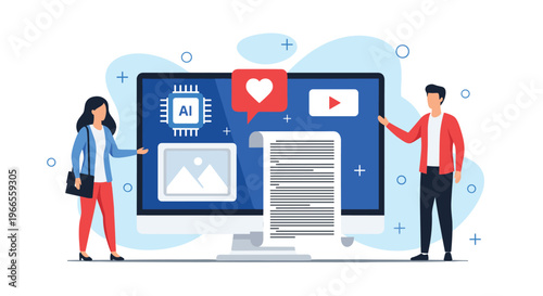 Collaborative team presents digital content on a monitor featuring artificial intelligence and multimedia applications.