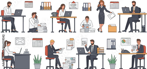 Professional Office Workers and Business Workspace Vector Set Featuring Corporate Employees Working on Laptops Filing Documents and Taking Calls for Career Designs