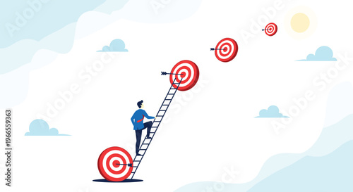 Ambitious businessman climbs a long ladder in the sky to reach multiple targets representing his professional goals.