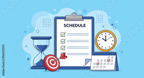 Comprehensive schedule planning features a clipboard checklist, an hourglass, a clock, a calendar, and a bullseye target.