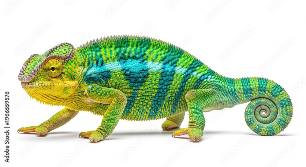 Naklejka premium A vibrant chameleon rests on a white surface. The reptile displays its remarkable color-changing skin pattern, showcasing shades of blue, green, yellow, and brown.