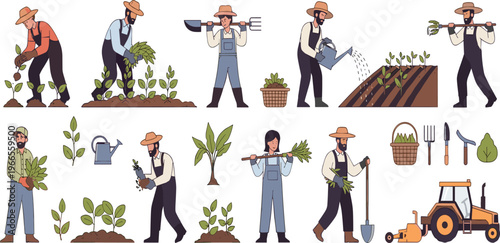 Professional Farmers and Agriculture Vector Set Featuring Workers Planting Watering Crops Harvesting and Farm Equipment for Gardening Designs