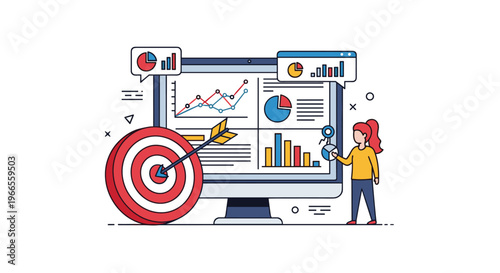 Business data analysis and performance tracking with woman standing near large monitor displaying various statistical charts.
