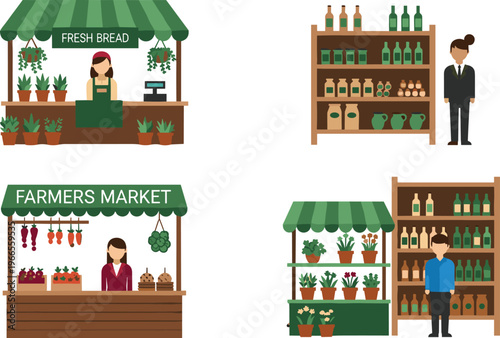 Green Grocer and Farmers Market Icon Set Featuring Fresh Plant Nursery Stalls Organic Produce Displays and Supermarket Beverage Shelving for Local Business Retail Designs