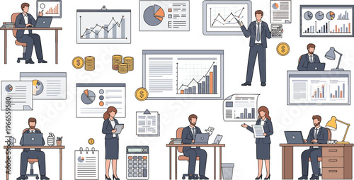 Professional Business Analytics and Financial Management Vector Set Featuring Employees Working on Laptops Giving Presentations and Analyzing Statistics for Corporate Designs
