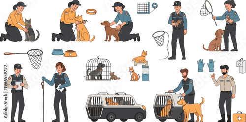 Professional Animal Control and Pet Rescue Vector Set Featuring Officers Catching Dogs Cats Using Nets Cages and Transport Vehicle for Shelter Designs