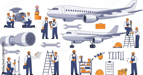 Professional Aircraft Maintenance and Aviation Mechanics Vector Set Featuring Technicians Repairing Airplanes Jet Engines and Using Tools for Industrial Designs