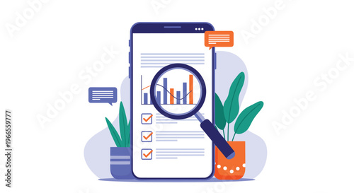 Business analytics and data tracking concept with magnifying glass focusing on charts on a smartphone screen.