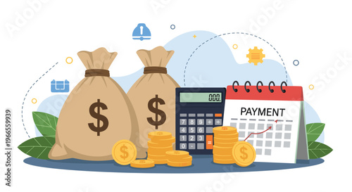 Financial management and payment planning showing money bags coins calculator and calendar with payment due date marked.